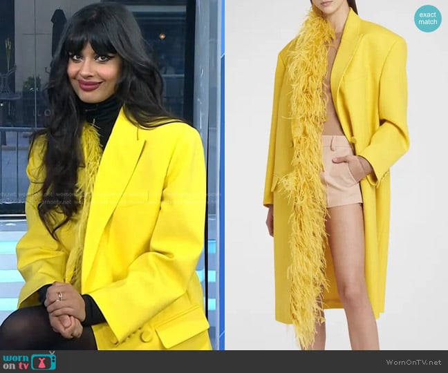 Valentino Wool Trench Coat with Feather Embroidery worn by Jameela Jamil on Today