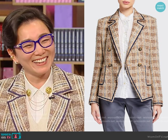 Veronica Beard Theron Double-Breasted Plaid Jacket worn by Marie Lu on Tamron Hall Show