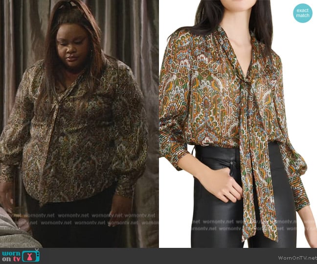 Veronica Beard Zaylee Tie-Neck Paisley Blouse worn by Nicky (Nicole Byer) on Grand Crew