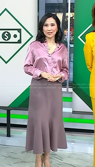 Vicky’s pink satin blouse and skirt on Today