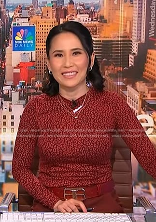 Vicky’s red printed long sleeve top on NBC News Daily