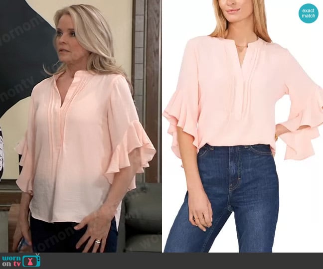  Pintuck Flutter Sleeve Blouse in Soft Peony worn by Felicia Scorpio (Kristina Wagner) on General Hospital