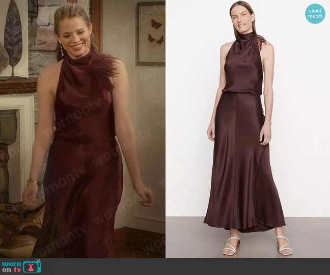 Vince Feather-Embellished Drape-Neck Halter Dress worn by Summer Newman (Allison Lanier) on The Young and the Restless