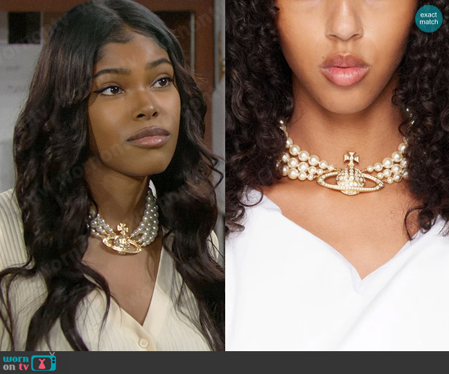 Vivienne Westwood Bas Relief Pearl Choker worn by Paris Buckingham (Diamond White) on The Bold and the Beautiful