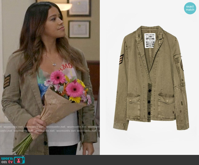 Zadig & Voltaire Virginia Grunge Military Jacket worn by Nell Serrano (Gina Rodriguez) on Not Dead Yet