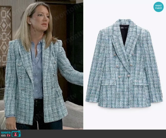 Zara Textured Double Breasted Blazer worn by Nina Reeves (Cynthia Watros) on General Hospital