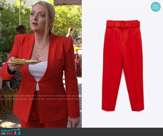 Zara Trousers with Fabric Covered Belt worn by Lexi (Lauren Ash) on Not Dead Yet
