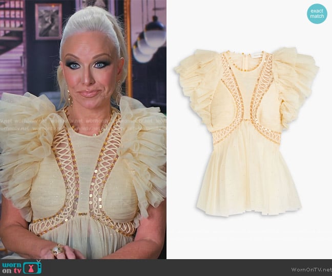 Zimmermann Dancer Embellished ruffled glittered tulle top worn by Margaret Josephs on The Real Housewives of New Jersey