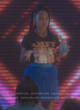 Zoey’s Outkast print tee and feather mini skirt on Grown-ish