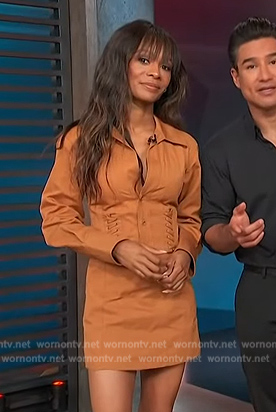 Zuri's tanned lace-up detail mini dress on Access Hollywood