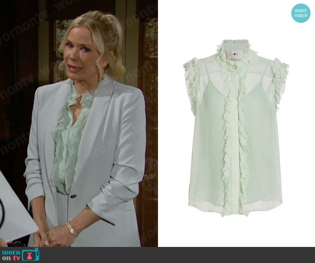 7 For All Mankind Ruffled Cotton Sleeveless Blouse in Seafoam worn by Brooke Logan (Katherine Kelly Lang) on The Bold and the Beautiful