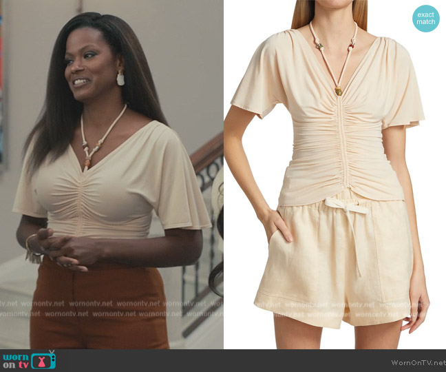 A.L.C. Nina Ruched Bead-Embellished Top worn by Vivian Banks (Cassandra Freeman) on Bel-Air