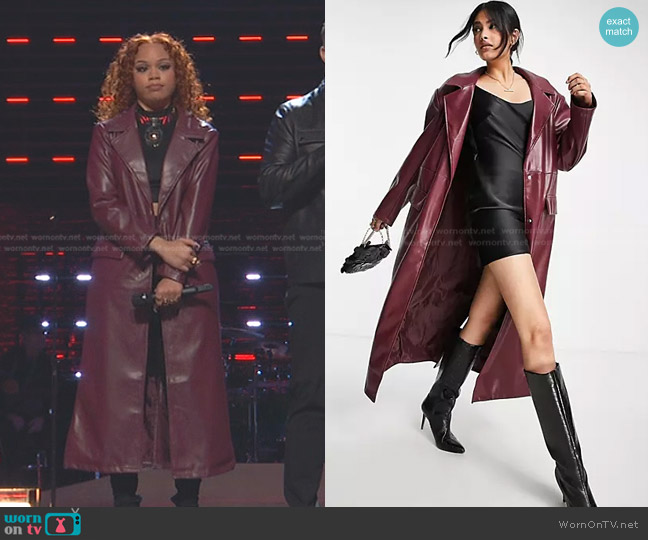 Asos Faux Leather Trench in Oxblood worn by NariYella on The Voice