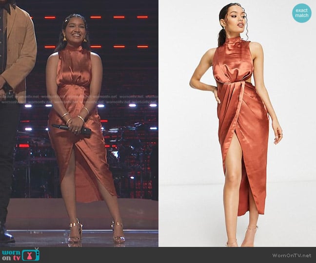 Asos High Neck Satin Midi Dress with Drape Detail Skirt in Rust worn by Tasha Jessen on The Voice