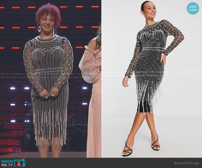 Asos Embellished Midi Dress with Tassel Beaded Hem in black worn by Cait Martin on The Voice