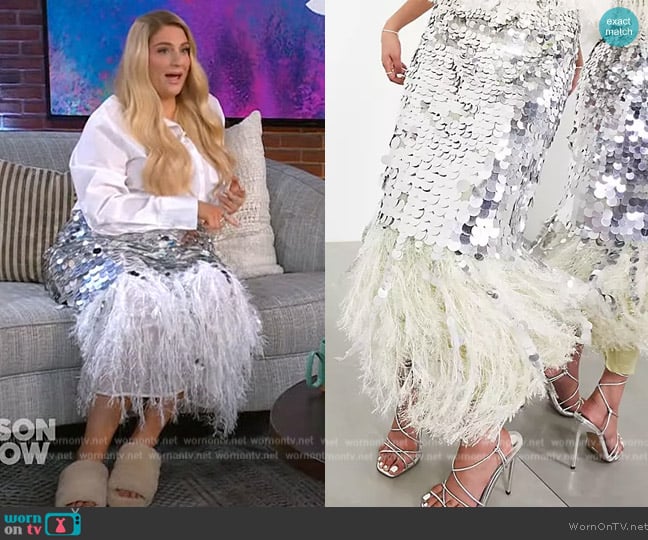 ASOS Paillette Sequin Midi Skirt with faux feather hem in lemon worn by Meghan Trainor on The Kelly Clarkson Show