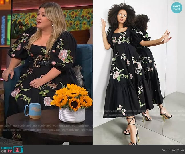 ASOS Wild rose embroidered waisted puff sleeve midi dress worn by Kelly Clarkson on The Kelly Clarkson Show