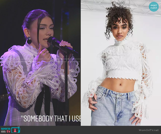 Asos Luxe Eyelet Ruffle Neck Top worn by Gina Miles on The Voice