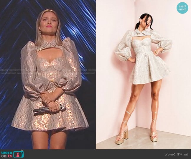 Asos Luxe Peekaboo Mini Dress in silver jacquard worn by Marybeth Byrd on American Idol