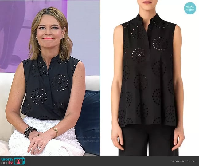 Akris Punto Embroidered Eyelet Cotton Sleeveless Blouse worn by Savannah Guthrie on Today