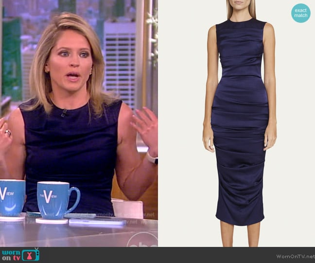 Alex Perry Tucked Satin Crepe Sleeveless Midi Dress worn by Sara Haines on The View