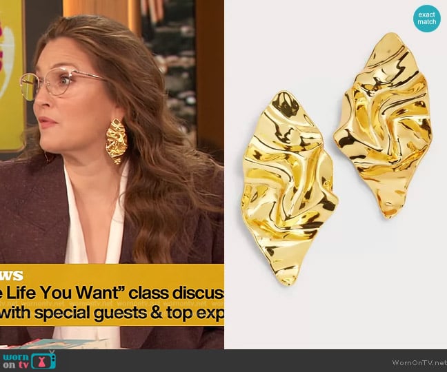 Alexis Bittar Crumpled Gold Large Post Earrings worn by Drew Barrymore on The Drew Barrymore Show