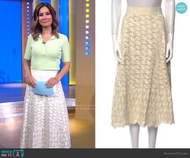 Alice + Olivia Floral Leather Midi Skirt worn by Rebecca Jarvis on Good Morning America