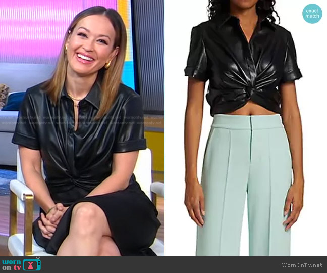 Alice + Olivia Phebe Twist Front Faux Leather Shirt worn by Eva Pilgrim on Good Morning America