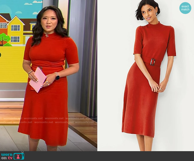 Ann Taylor Belted Mock Neck Sweater Dress worn by Nancy Chen on CBS Mornings