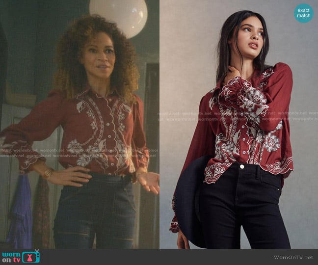 Anthropologie Embroidered Cowgirl Shirt worn by  Lena Adams Foster (Sherri Saum) on Good Trouble