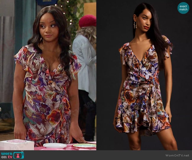 Anthropologie Ruffled Mini Wrap Dress in Purple Motif worn by Chanel Dupree (Raven Bowens) on Days of our Lives