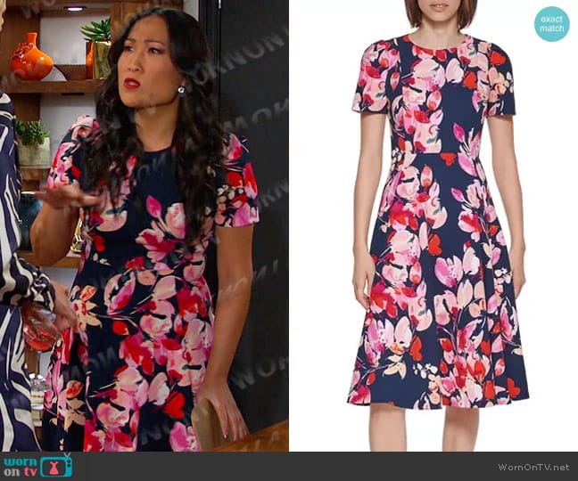 Calvin Klein Short Sleeve Floral Printed Scuba Crepe Fit and Flare Dress worn by Melinda Trask (Tina Huang) on Days of our Lives