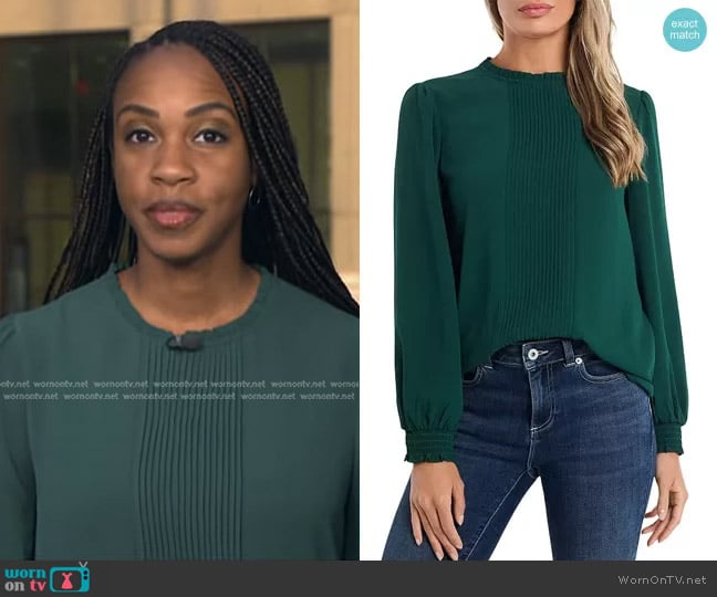 Cece Pintucked Smocked Cuff Chiffon Top in Alpine Green worn by Blayne Alexander on NBC News Daily