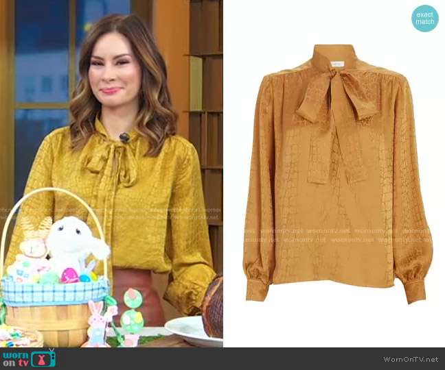 Anine Bing Delilah Tie-Neck Jacquard Blouse worn by Rebecca Jarvis on Good Morning America