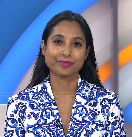 Dr. Roshini Rajapaksa’s blue and white printed blazer on Today