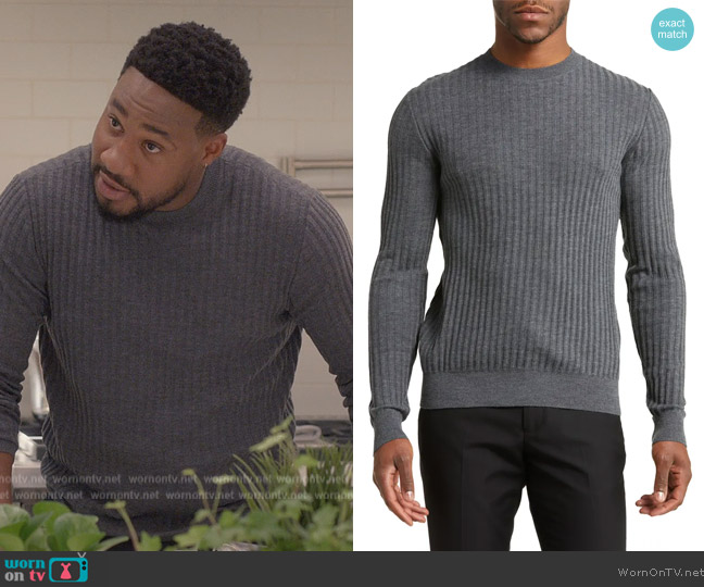 Emporio Armani Wool Crewneck Rib Sweater worn by Anthony Holmes (Aaron Jennings) on Grand Crew