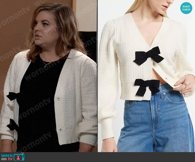 Express V-Neck Bow Button Front Cardigan worn by Maxie Jones (Kirsten Storms) on General Hospital