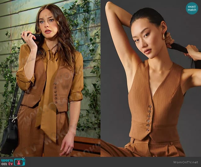 Favorite Daughter The Agnes Vest in camel pinstripe worn by Stephanie Johnson (Abigail Klein) on Days of our Lives