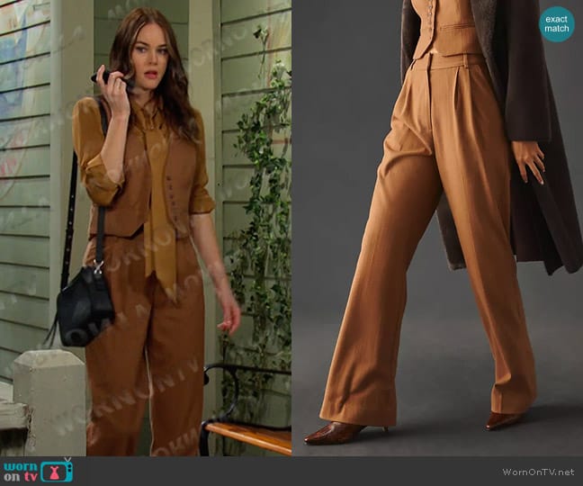 Favorite Daughter The Agnes Pants in camel pinstripe worn by Stephanie Johnson (Abigail Klein) on Days of our Lives