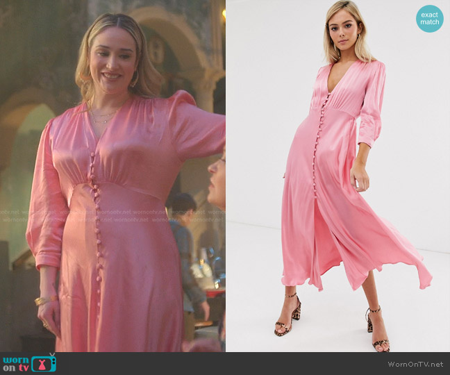 Ghost Maddison Button Front Satin Midi Dress worn by Davia (Emma Hunton) on Good Trouble