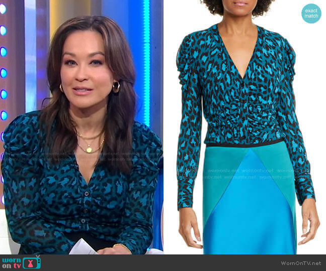 Diane von Furstenberg Gladys Ruched Sleeve Leopard Print Blouse worn by Eva Pilgrim on Good Morning America