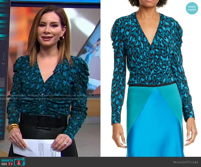 Gladys Ruched Sleeve Leopard Print Blouse by Diane von Furstenberg worn by Rebecca Jarvis on Good Morning America