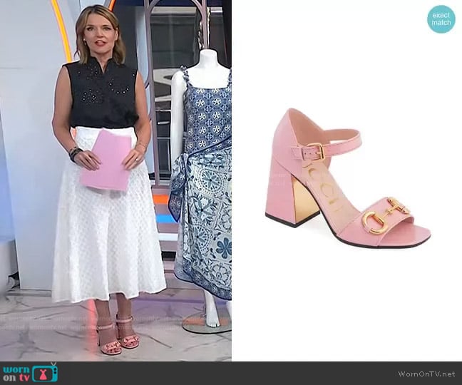 Gucci Baby Buckle Horsebit Ankle-Strap Sandals worn by Savannah Guthrie on Today