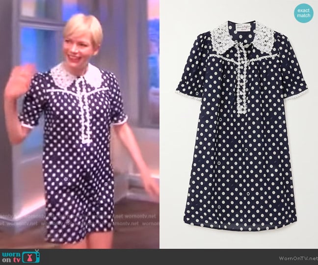 HVN Marie lace-trimmed polka-dot cotton-voile mini dress worn by Michelle Williams on The View