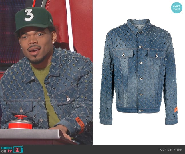 Heron Preston Razor-cut denim jacket worn by Chance the Rapper on The Voice