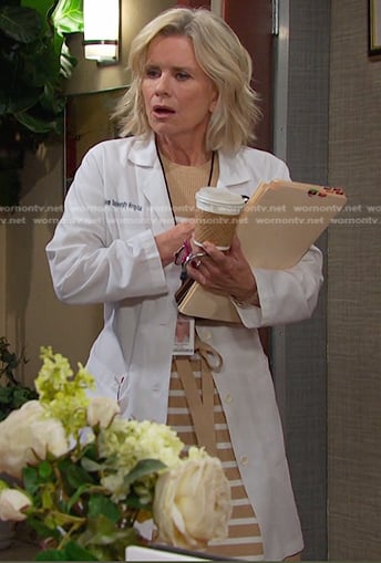 Kayla's beige striped tie waist dress on Days of our Lives