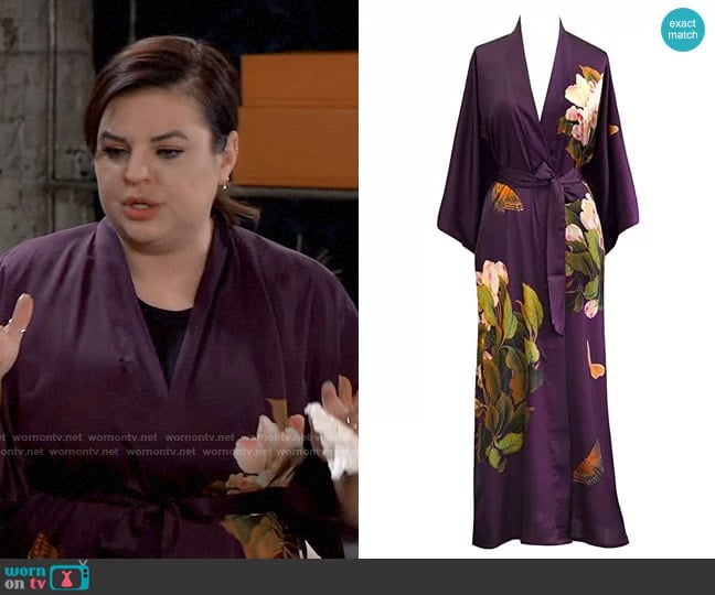 Kim + Ono Charmeuse Kimono Robe Long in Peony Butterfly Plum worn by Maxie Jones (Kirsten Storms) on General Hospital