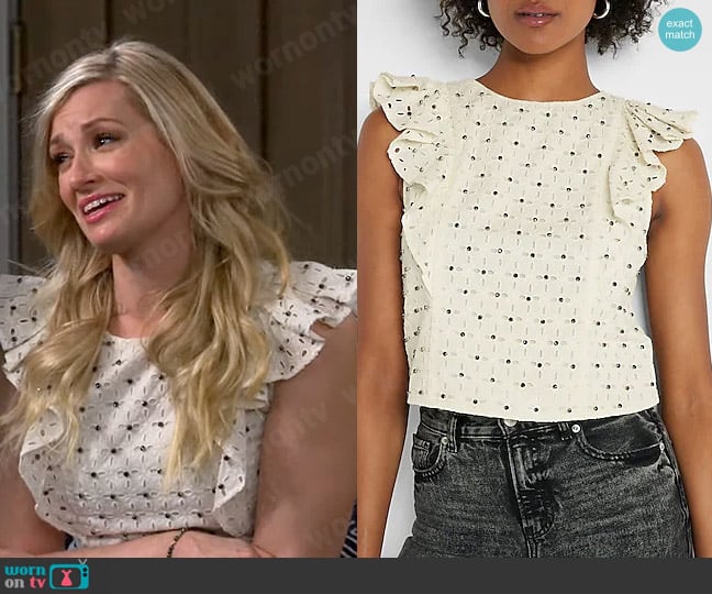 Express Limited Edition Eyelet Flutter Sleeve Embellished Top worn by Gemma (Beth Behrs) on The Neighborhood