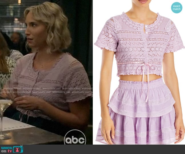 LoveShackFancy Farley Eyelet Crop Top worn by Charlotte (Molly McCook) on Not Dead Yet