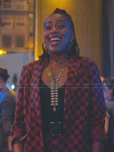 Malika's red checkered blazer and shorts on Good Trouble